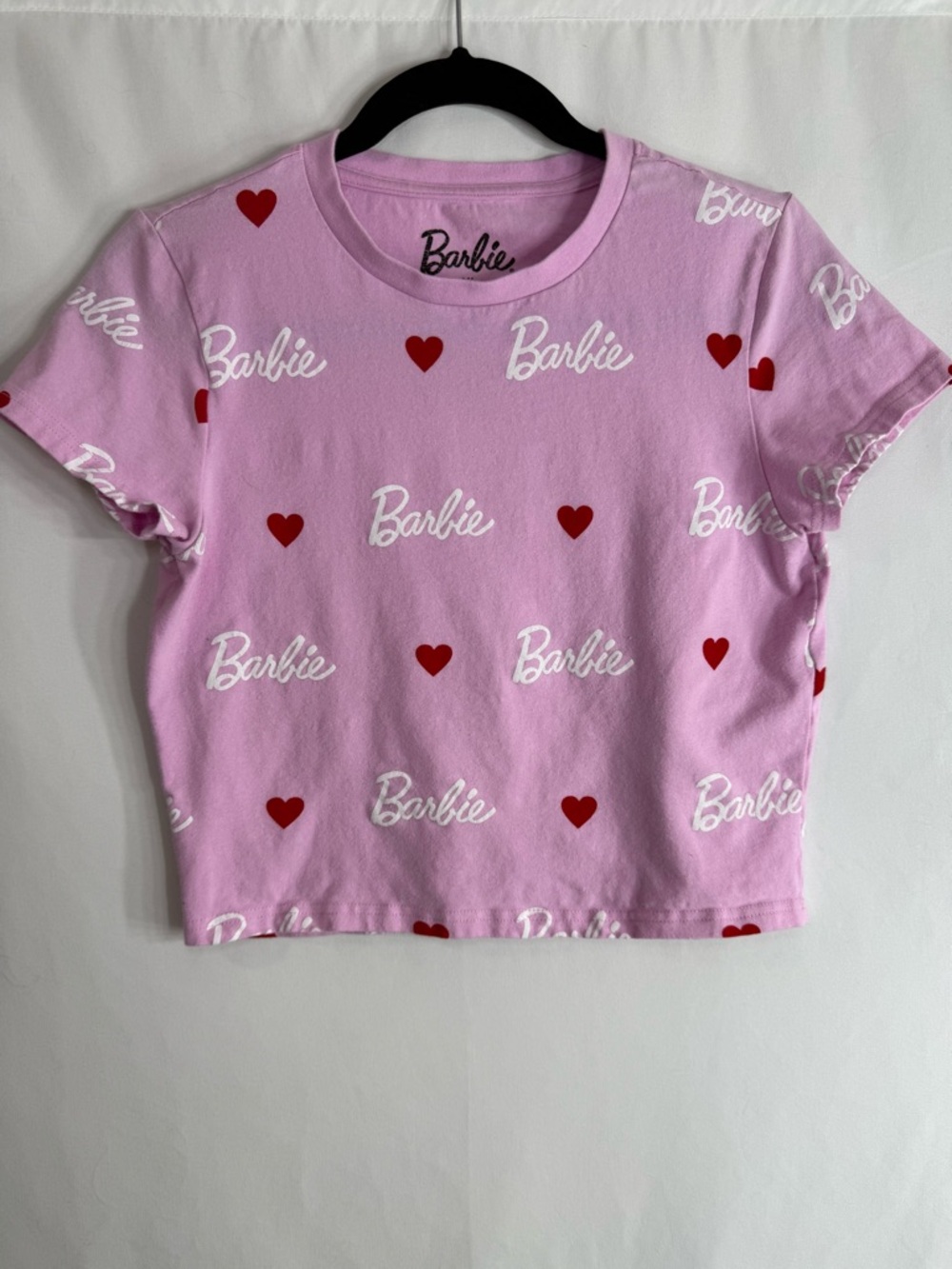 Barbie Pink Logo & Heart Print Graphic Cropped Tee Streetwear, Size XL